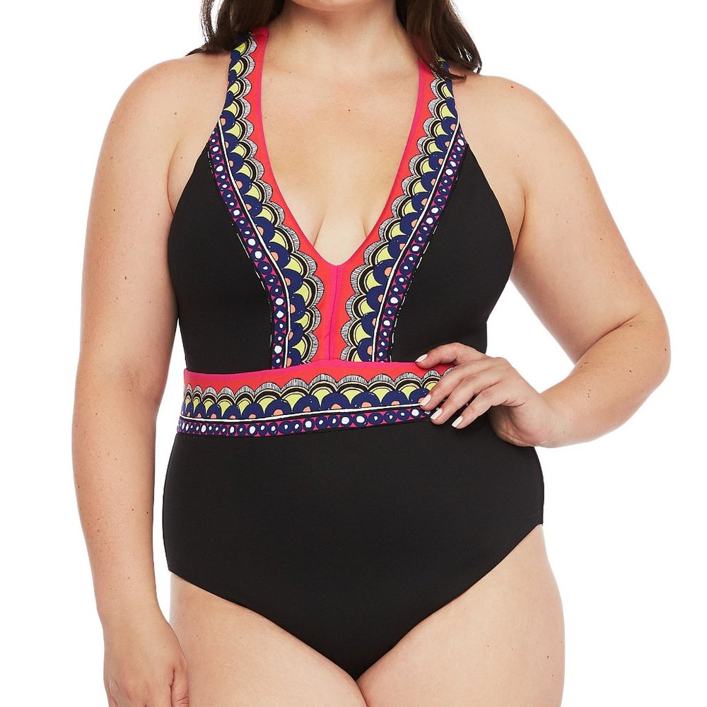 NWOT Trina Turk Plus Tanzania Scarf Plunge One Piece Swimsuit Size W22